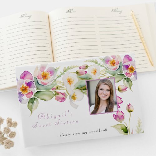 Watercolor Pink White Flowers Sweet Sixteen  Guest Book