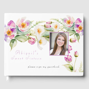 Watercolor Pink White Flowers Sweet Sixteen Guest Book