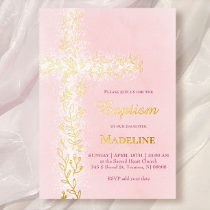 watercolor pink white gold cross Baptism Foil Invitation