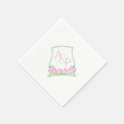 Watercolor Pink White Green Floral Couples Crest Napkins