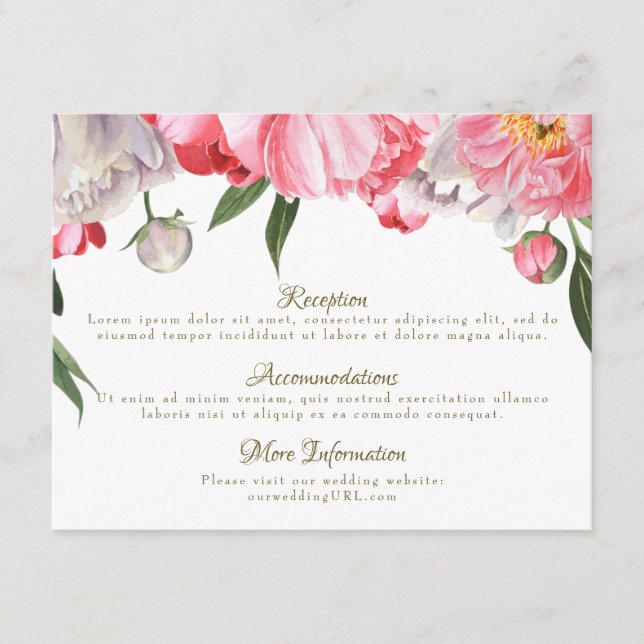 Watercolor Pink & White Peonies Floral Wedding Enclosure Card (Front)