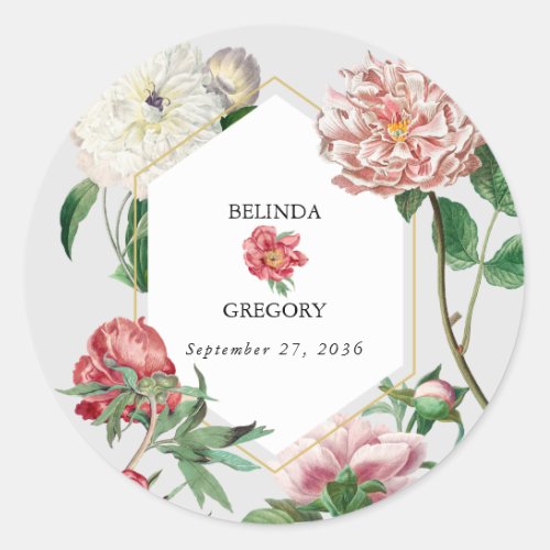 Watercolor Pink White Peonies Flowers Wedding Classic Round Sticker