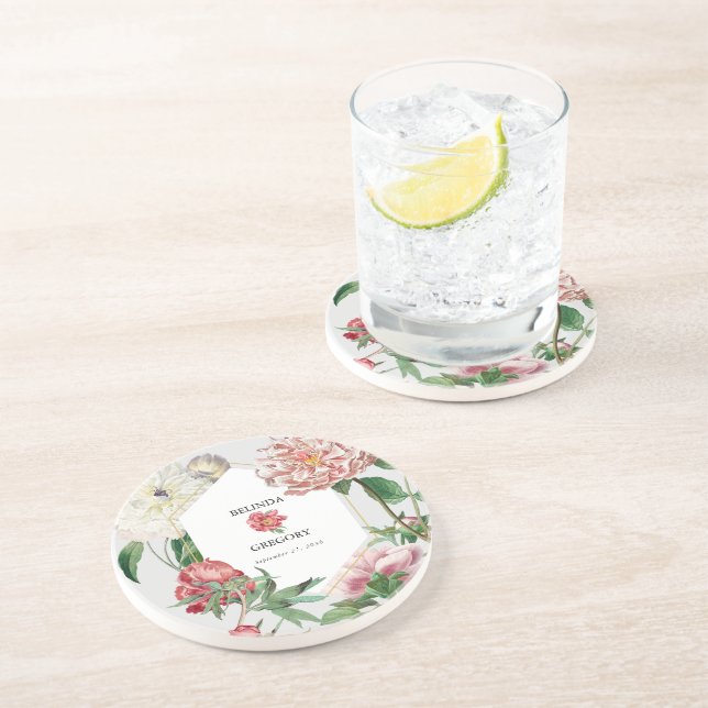 Watercolor Pink White Peonies Flowers Wedding Coaster (Side)