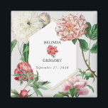 Watercolor Pink White Peonies Flowers Wedding Magnet<br><div class="desc">A beautiful watercolor pink and white peonies flower wedding design with gold geometric frame. A unique design that uses vintage botanical peony florals in pink and white color tones. An elegant pink and white peonies floral design with a dash of greenery. A chic gold geometric frame wedding favor magnet design...</div>
