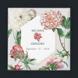 Watercolor Pink White Peonies Flowers Wedding Magnet<br><div class="desc">A beautiful watercolor pink and white peonies flower wedding design with gold geometric frame. A unique design that uses vintage botanical peony florals in pink and white color tones. An elegant pink and white peonies floral design with a dash of greenery. A chic gold geometric frame wedding favor magnet design...</div>