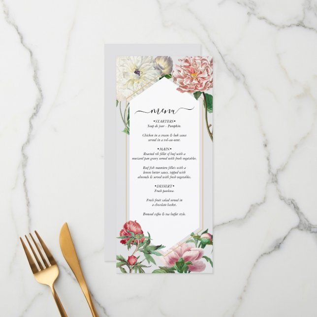 Watercolor Pink White Peonies Flowers Wedding Menu (Front/Back In Situ)