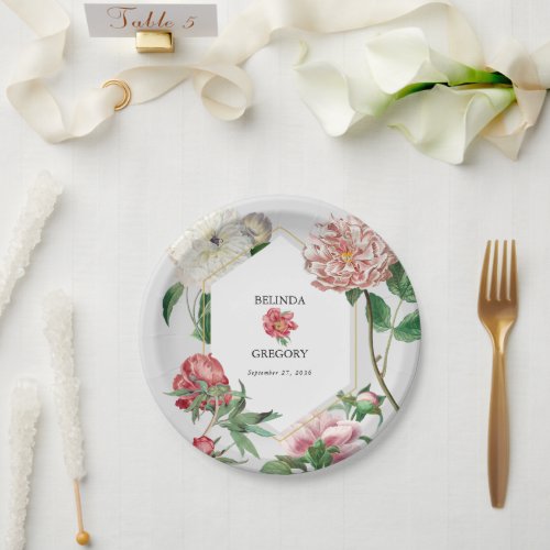 Watercolor Pink White Peonies Flowers Wedding Paper Plates