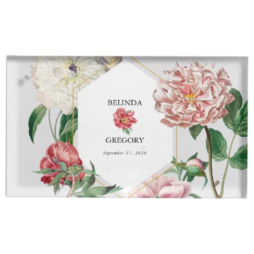 Watercolor Pink White Peonies Flowers Wedding Place Card Holder