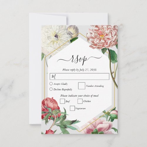 Watercolor Pink White Peonies Flowers Wedding RSVP Card