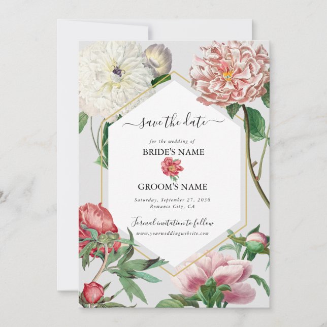 Watercolor Pink White Peonies Flowers Wedding Save The Date (Front)