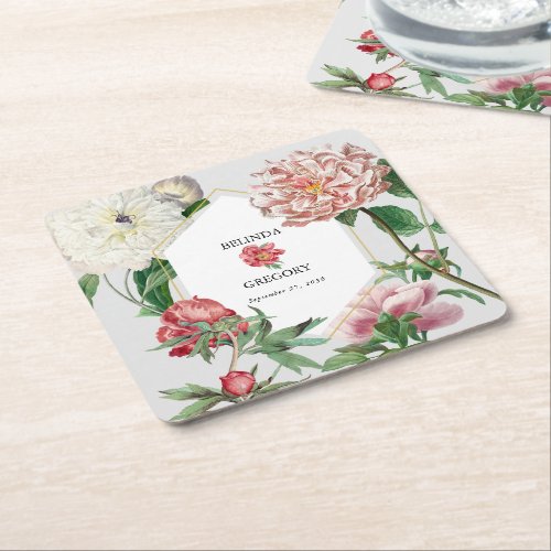 Watercolor Pink White Peonies Flowers Wedding Square Paper Coaster