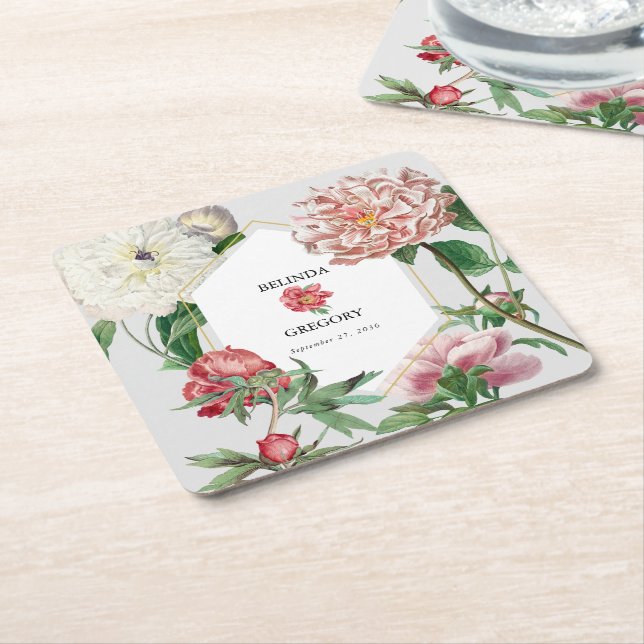 Watercolor Pink White Peonies Flowers Wedding Square Paper Coaster (Angled)