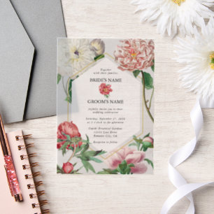 Watercolor Pink White Peonies Flowers Wedding Vellum Invitations