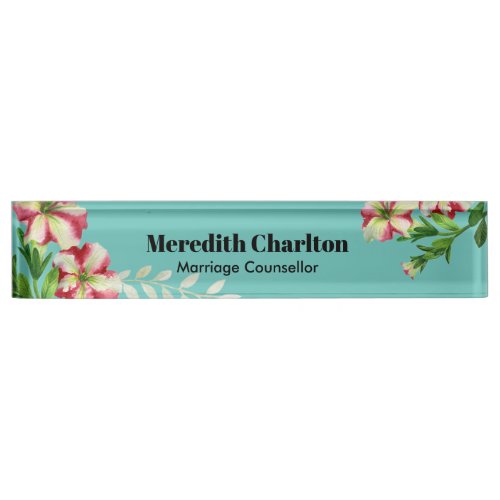 Watercolor Pink White Petunia Turquoise Background Desk Name Plate