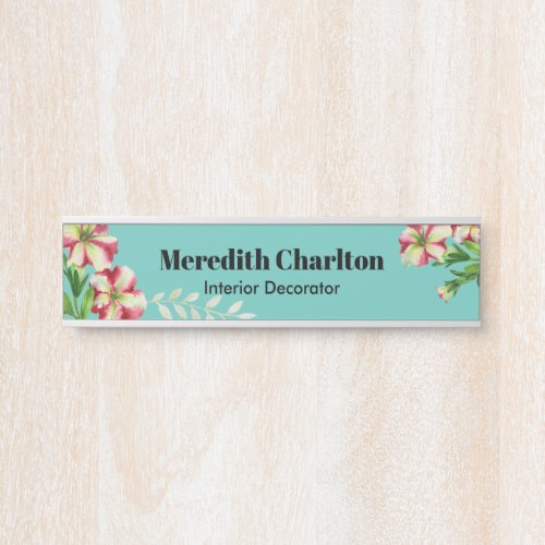 Watercolor Pink White Petunia Turquoise Background Door Sign
