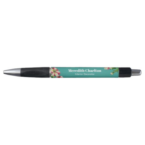 Watercolor Pink White Petunia Turquoise Background Pen