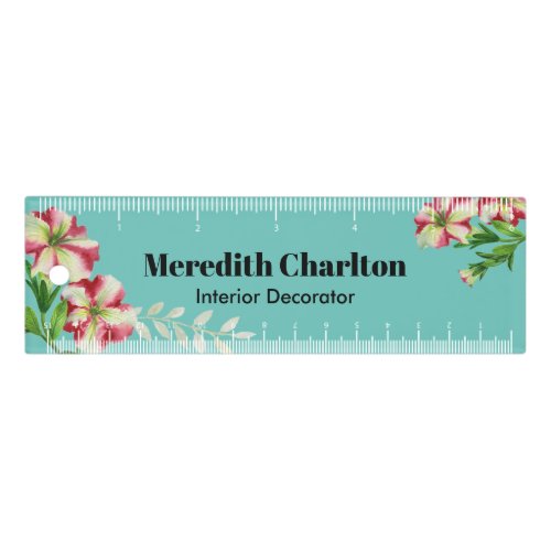 Watercolor Pink White Petunia Turquoise Background Ruler