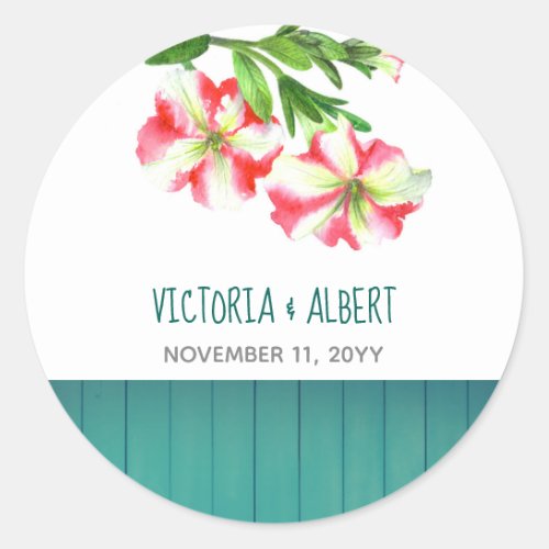 Watercolor Pink White Petunias Floral Art Wedding Classic Round Sticker