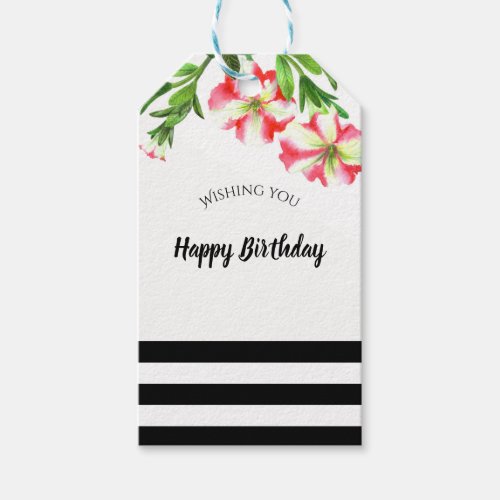 Watercolor Pink White Petunias Floral Birthday Gift Tags