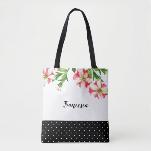 Watercolor Pink White Petunias Floral Design Tote Bag