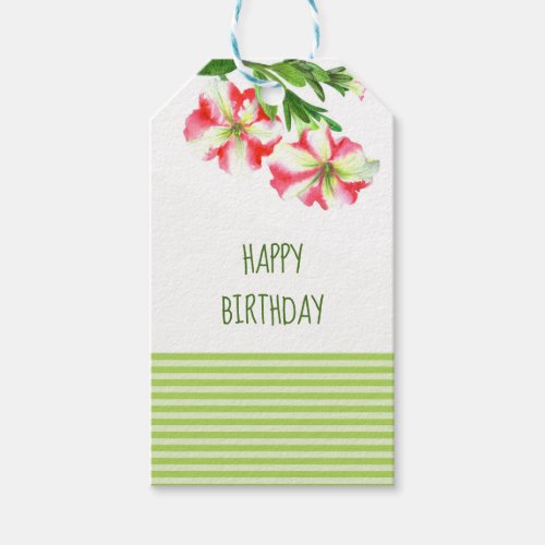 Watercolor Pink White Petunias Floral Green Strip Gift Tags