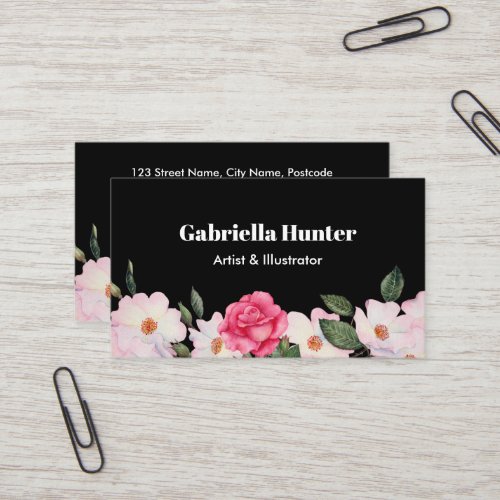 Watercolor Pink White Roses Ballerina Floral Black Business Card