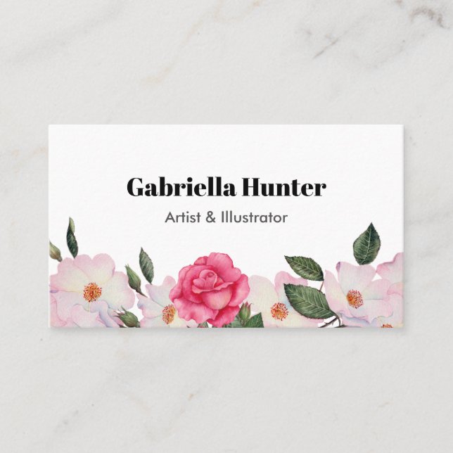 Watercolor Pink White Roses Ballerina Floral Business Card (Front)