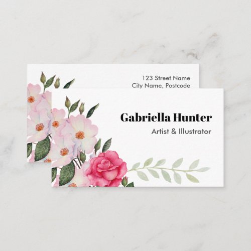 Watercolor Pink White Roses Ballerina Floral Leafy Business Card