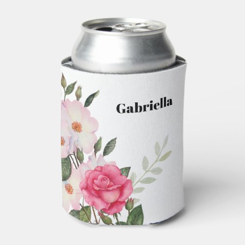 Watercolor Pink White Roses Ballerina Floral Leafy Can Cooler