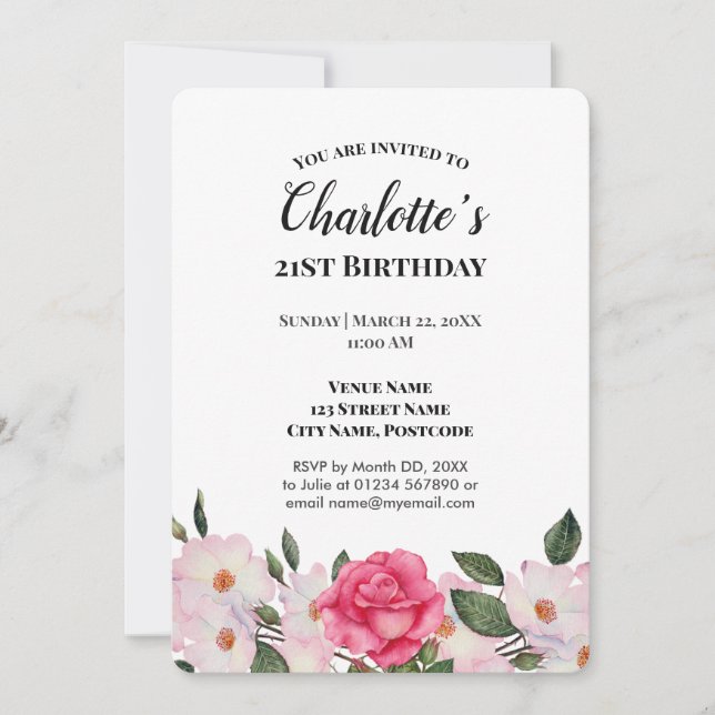Watercolor Pink White Roses Birthday Party Invitation (Front)