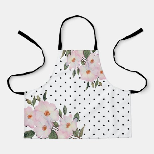 Watercolor Pink White Roses Black White Polka Dots Apron