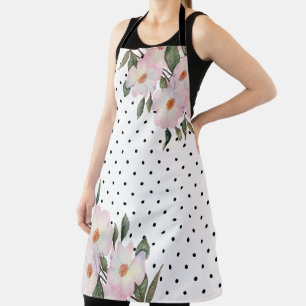Watercolor Pink White Roses Black White Polka Dots Apron