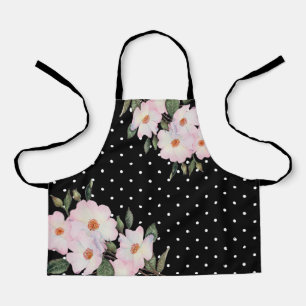 Watercolor Pink White Roses Black White Polka Dots Apron