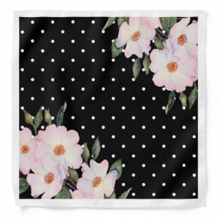 Watercolor Pink White Roses Black White Polka Dots Bandana