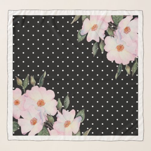 Watercolor Pink White Roses Black White Polka Dots Scarf