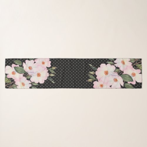 Watercolor Pink White Roses Black White Polka Dots Scarf