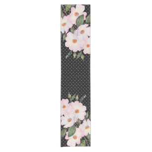 Watercolor Pink White Roses Black White Polka Dots Short Table Runner