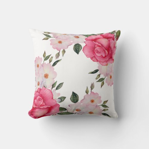 Watercolor Pink White Roses Corner Plain Throw Pillow