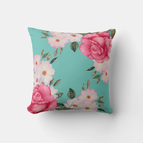 Watercolor Pink White Roses Corner Throw Pillow