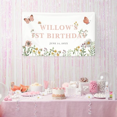 Watercolor Pink Wildflower 1st Birthday  Banner