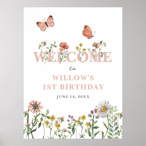 Watercolor Pink Wildflower 1st Birthday Welcome Poster