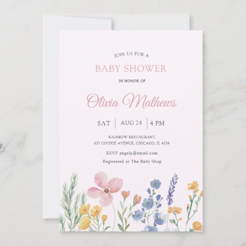 Watercolor Pink Wildflower Baby Shower  Invitation
