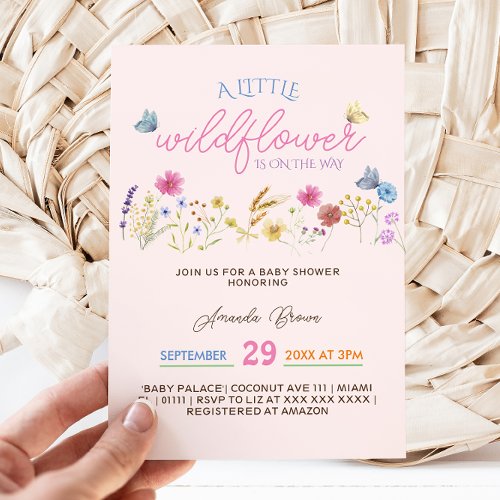 Watercolor Pink Wildflower Blush Baby Girl Shower Invitation