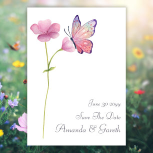 Watercolor Pink Wildflower Butterfly Save The Date Invitation