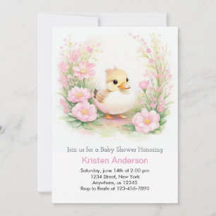 Watercolor Pink Wildflower Duck Girl Baby Shower Invitation
