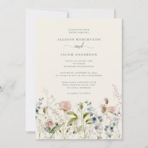 Watercolor Pink Wildflower Floral Blue Wedding Invitation
