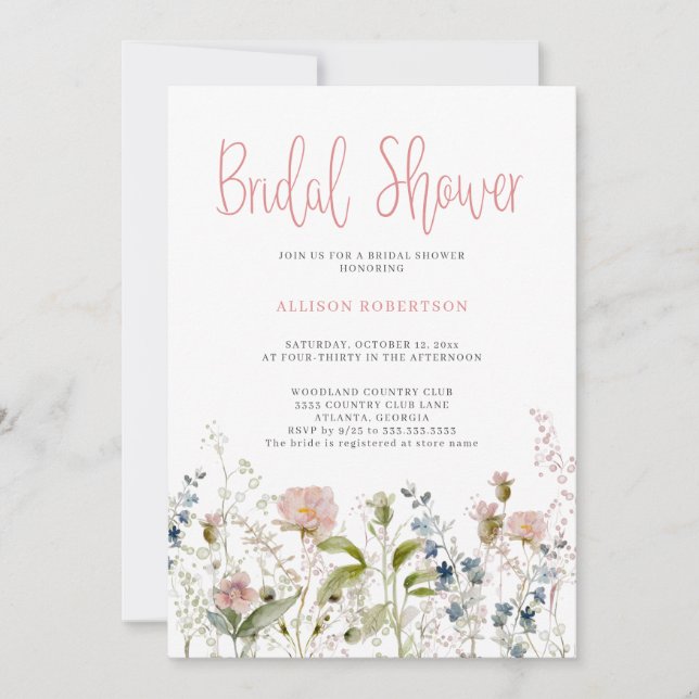 Watercolor Pink Wildflower Floral Bridal Shower Invitation (Front)