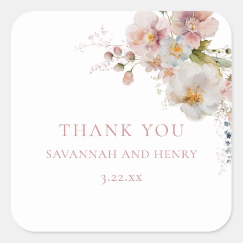 Watercolor Pink Wildflower Floral Bridal Shower Square Sticker