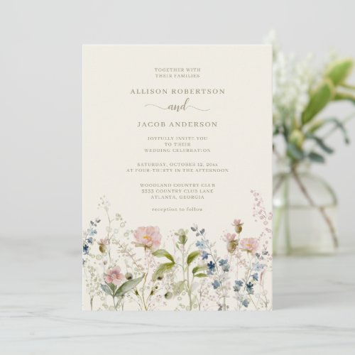 Watercolor Pink Wildflower Floral Ivory Wedding Invitation