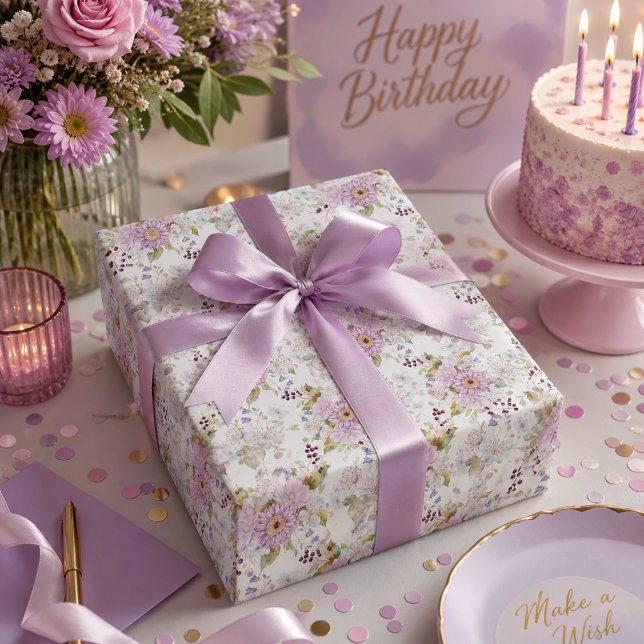 Watercolor Pink Wildflower Floral Pattern Wrapping Paper (Pink White Purple Watercolor Wildflower Wrapping Paper)